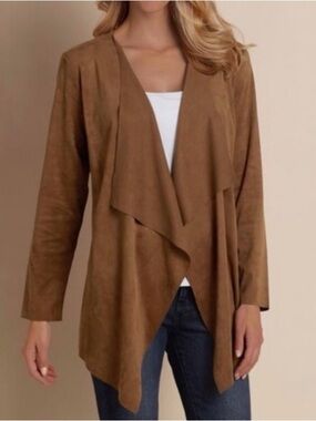 SOFT SURROUNDINGS Faux Suede Ultra Soft Drape Cardigan Brown Small Boho